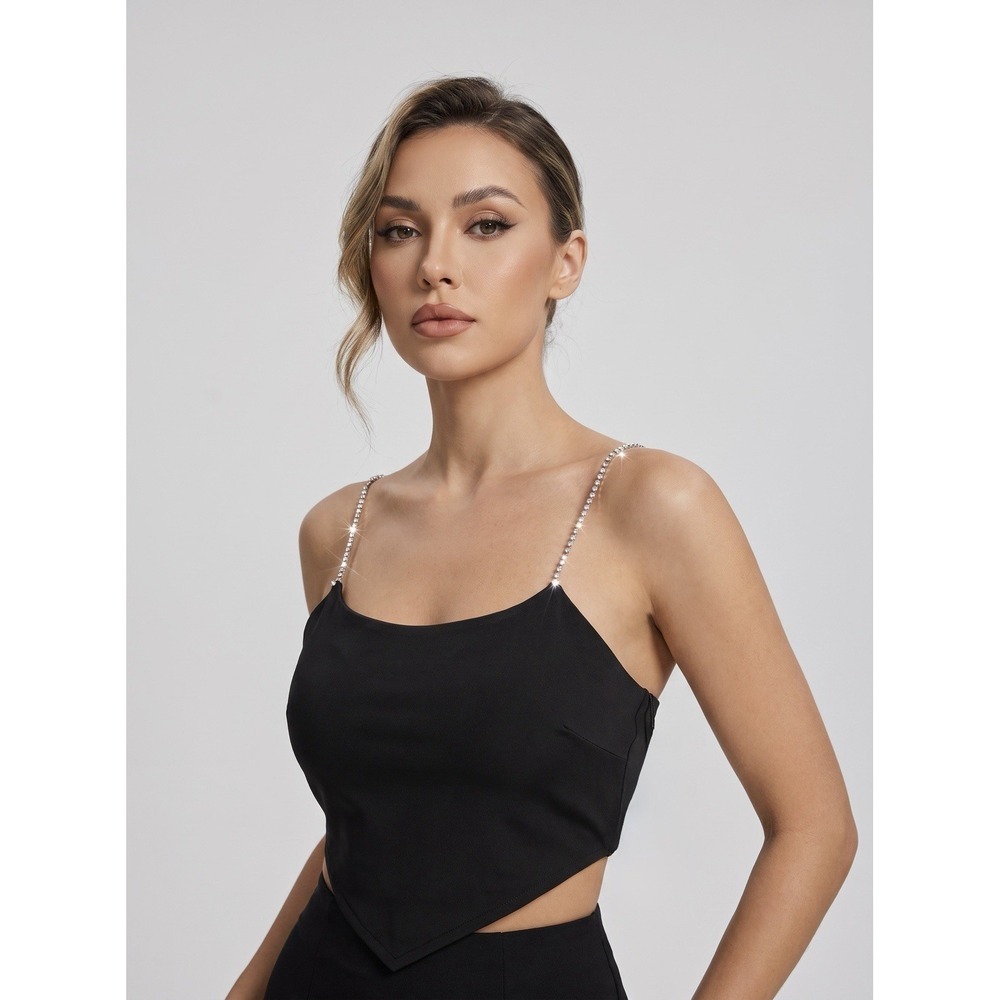 Forever 21 Black Satin Crop Top Medium Rhinestone Straps Handkerchief Hem NWT